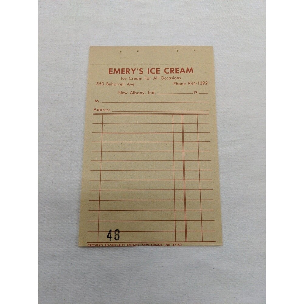Vintage Emery's Ice Cream Salesman Receipt Sheet New Albany Ind